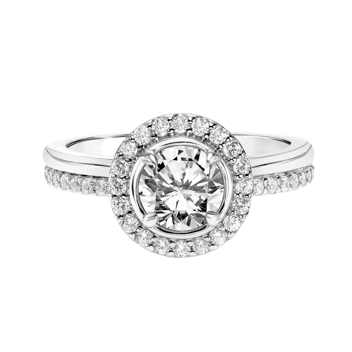 Diamond Halo Engagement Ring with Bezel Set Center and Double Row Diamond and Polished Shank