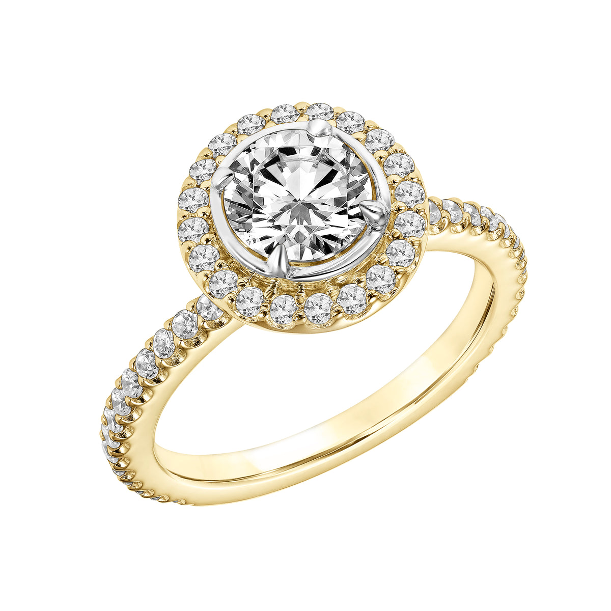 Diamond Halo Engagement Ring with Bezel Set Center and  Diamond Shank