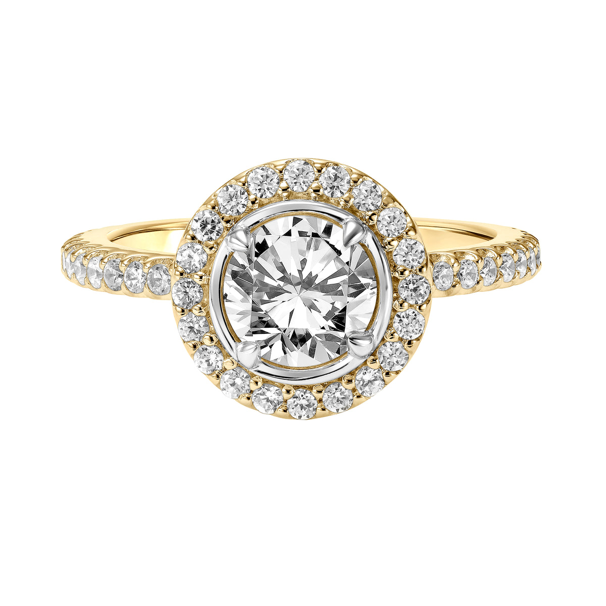 Diamond Halo Engagement Ring with Bezel Set Center and  Diamond Shank
