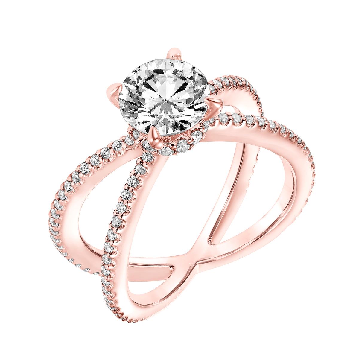 Diamond Prong Set Engagement Ring  with Diamond Collar and X Shape Diamond Shank