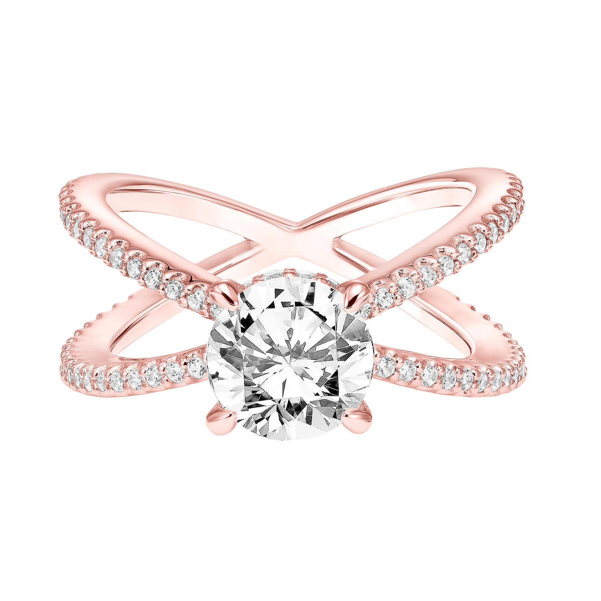Diamond Prong Set Engagement Ring  with Diamond Collar and X Shape Diamond Shank