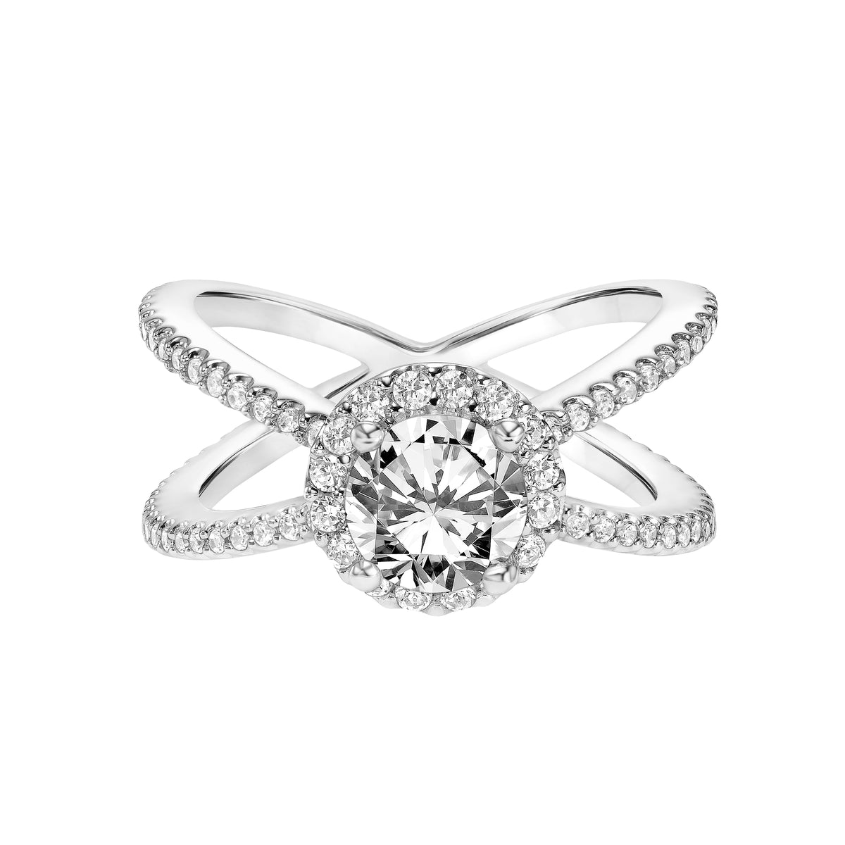 Diamond Princess Halo Engagement Ring  with  X Shape Diamond Shank