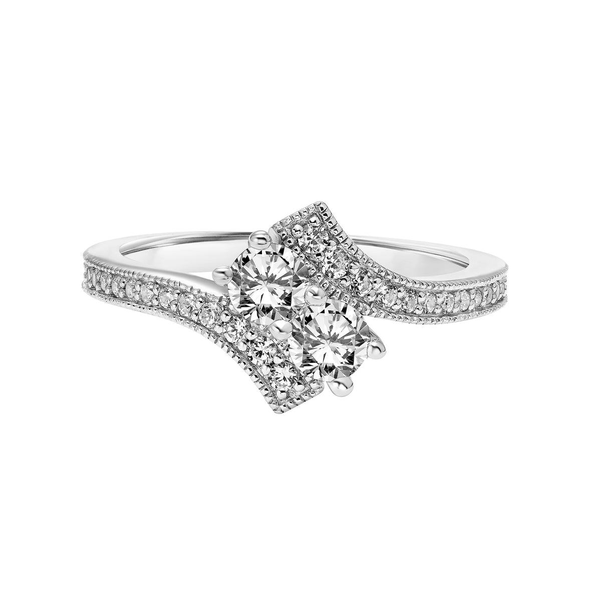Two Stone Diamond Engagement Ring with Bypass Diamond Shank