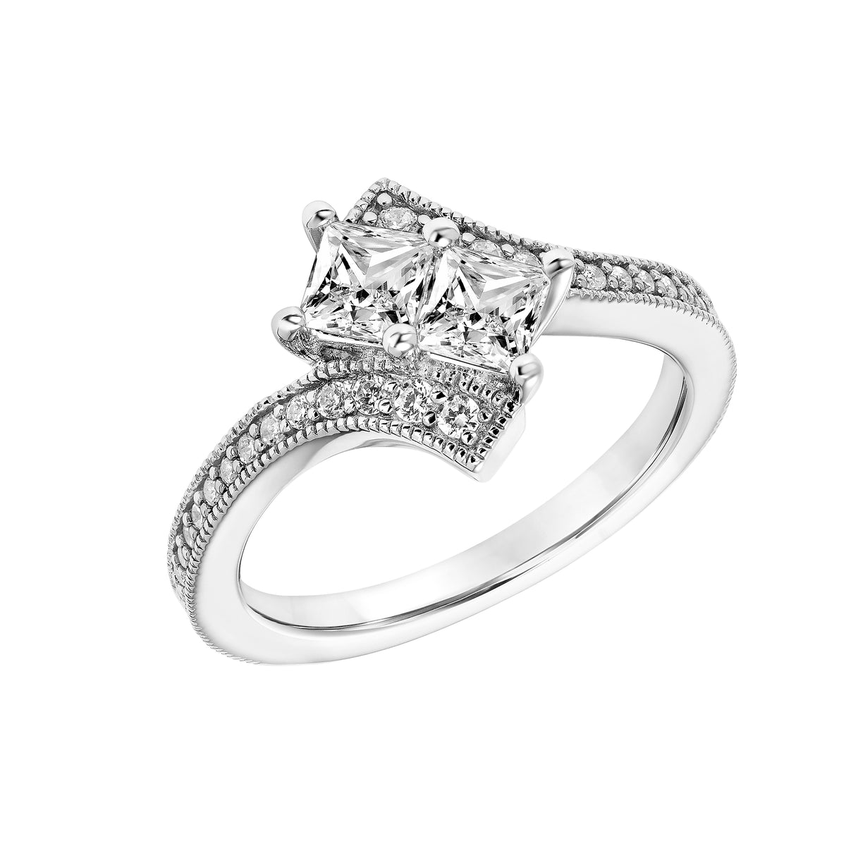 Two Stone Diamond Engagement Ring with Bypass Diamond Shank