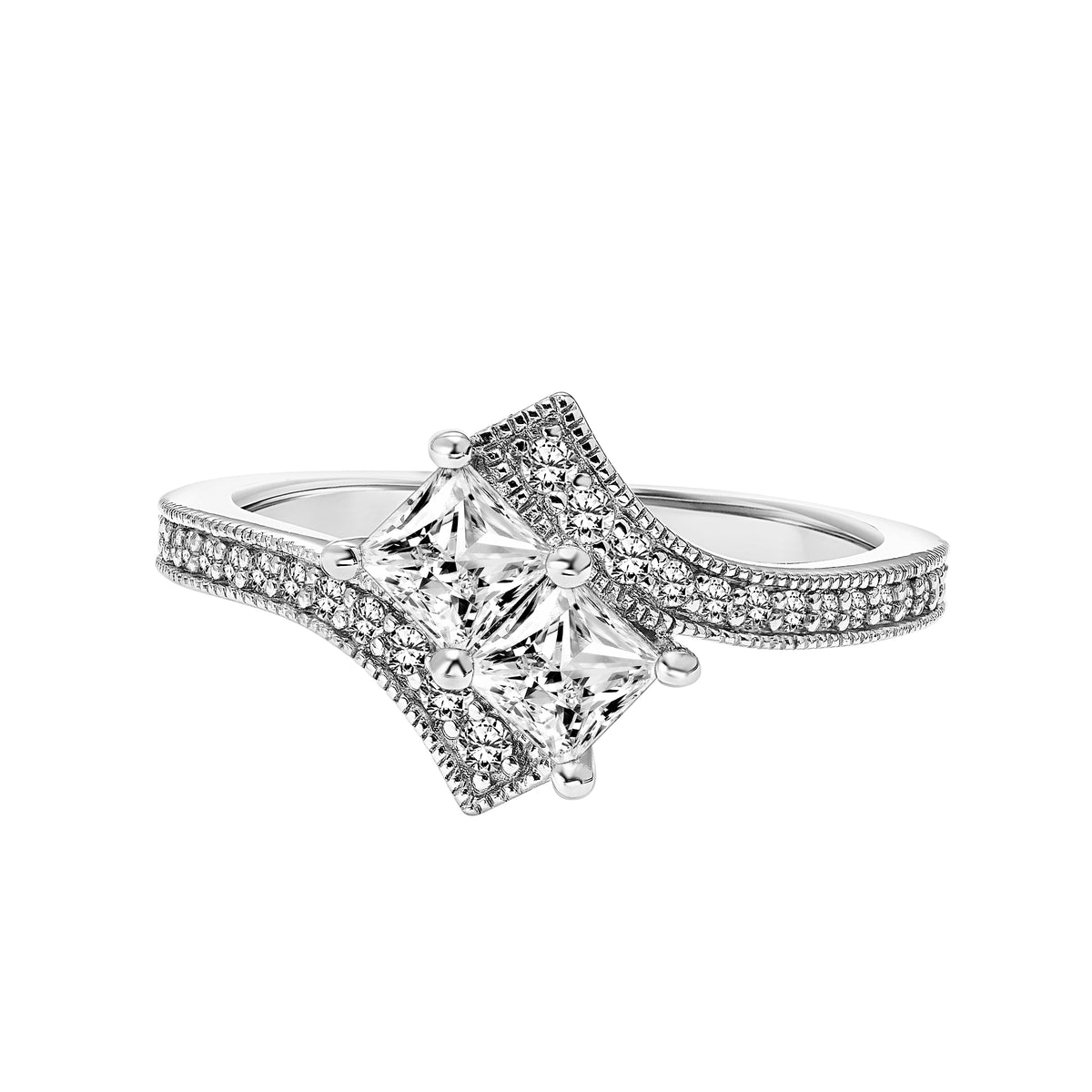 Two Stone Diamond Engagement Ring with Bypass Diamond Shank