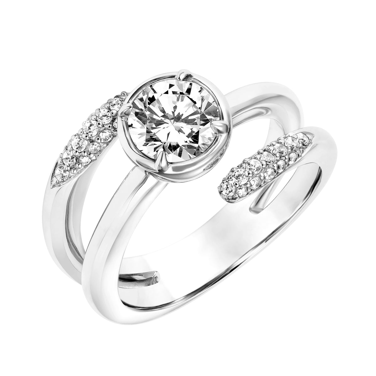 Wrap Polished Shank with Pave Diamond Tips with Bezel Set Diamond Center