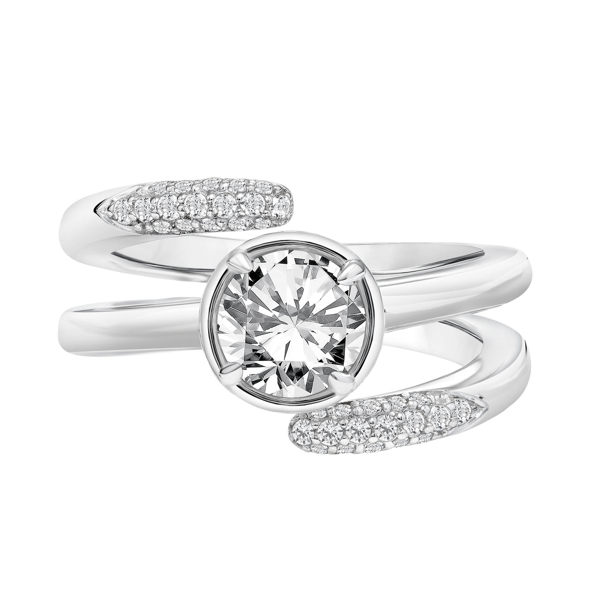 Wrap Polished Shank with Pave Diamond Tips with Bezel Set Diamond Center