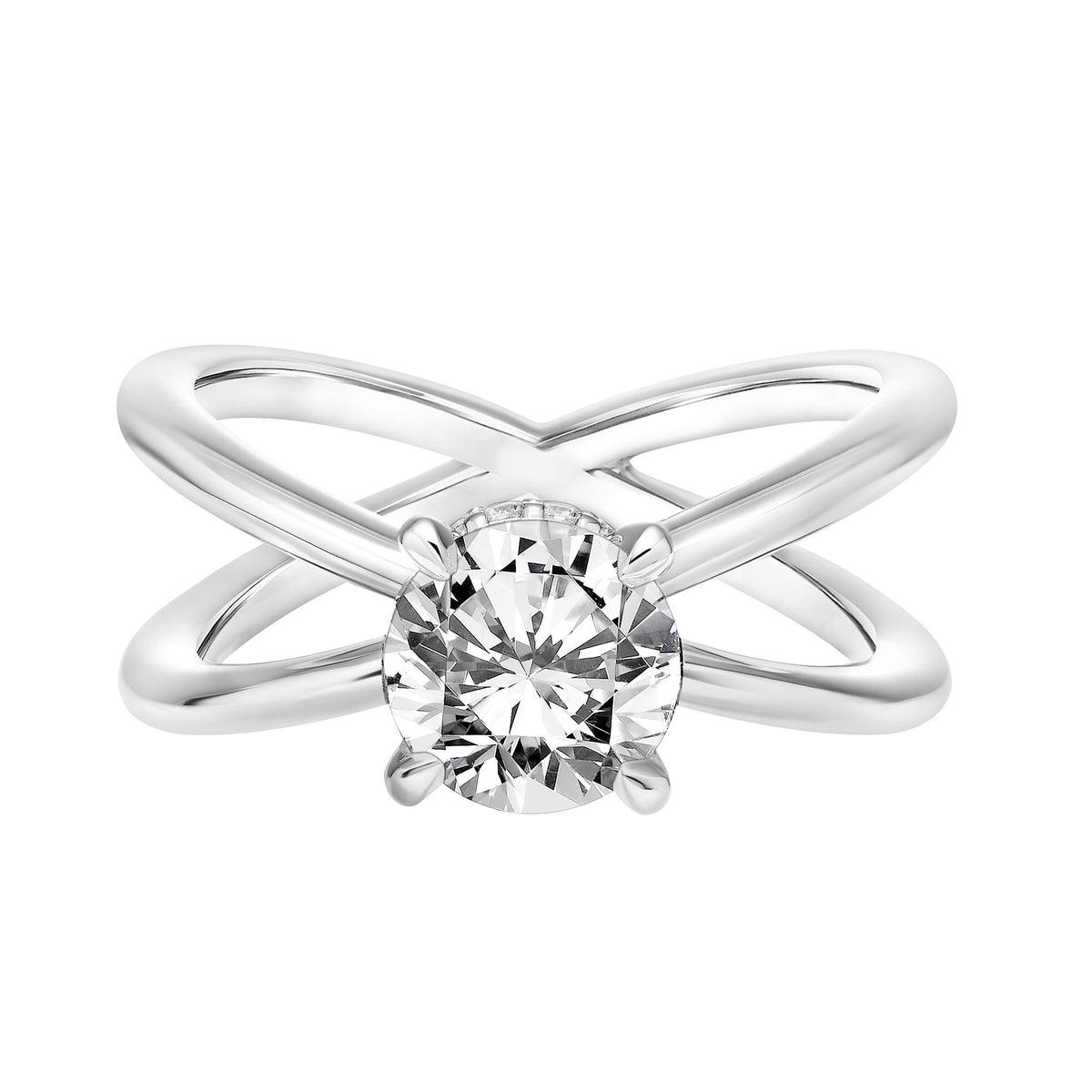 Diamond Solitaire Engagement Ring with Diamond Collar and X-Shape Polished Shank
