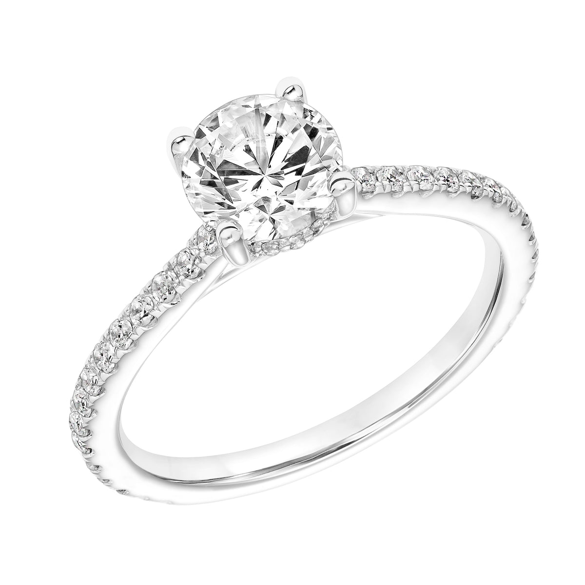 Classic Cathedral Setting Engagement Ring with Hidden Halo and Diamond Shank