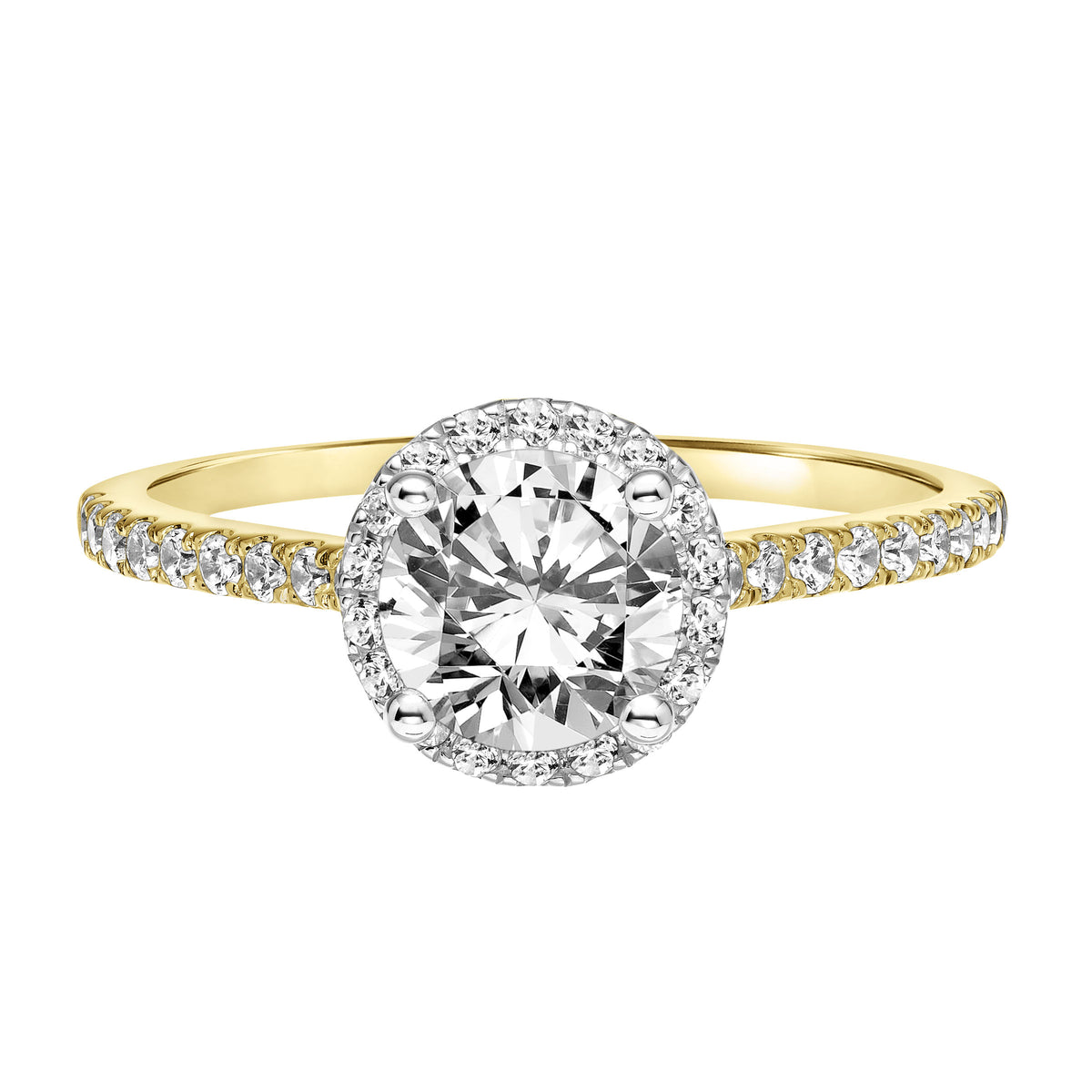 Classic Round Diamond Halo Engagement Ring with Two-Tone Prongs and Diamond Shoulders