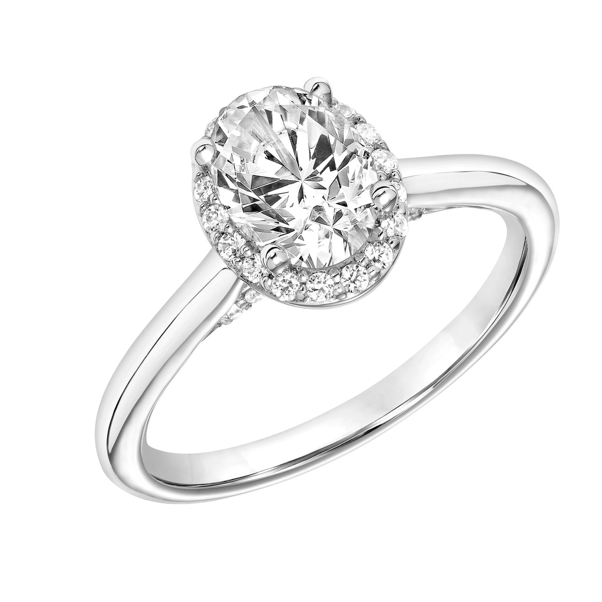 Oval Halo Engagement Ring with Diamond Bridge and Polished Shank