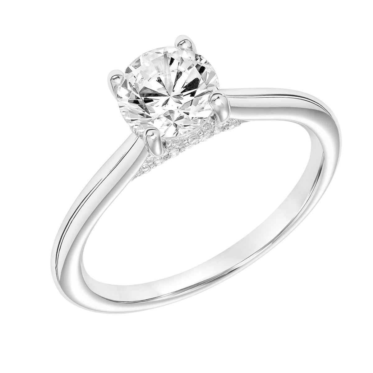 Classic Solitaire Engagement Ring with Hidden Diamond Halo and Diamond Bridge with Polished Shank