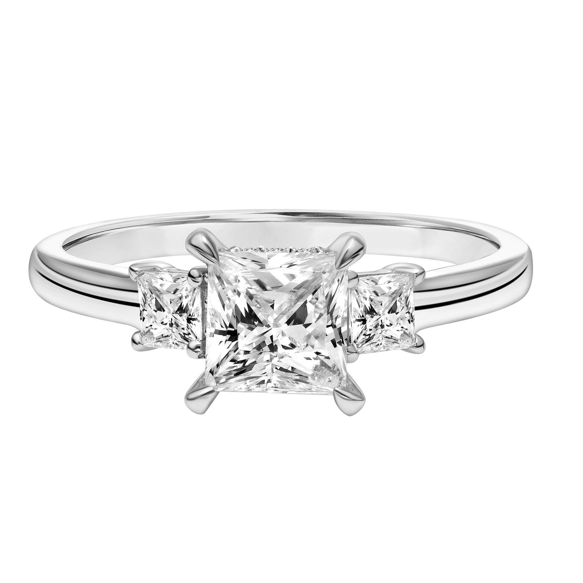 Three Stone Princess Diamond Engagement Ring with Petite Polished Shank