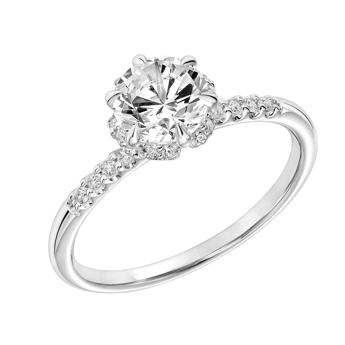 Classic Six Prong Setting Engagement Ring with Hidden Halo and Diamond Shoulders