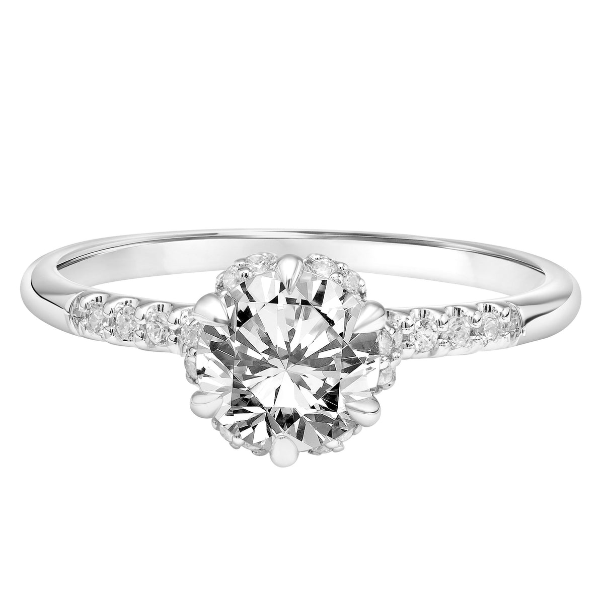 Classic Six Prong Setting Engagement Ring with Hidden Halo and Diamond Shoulders