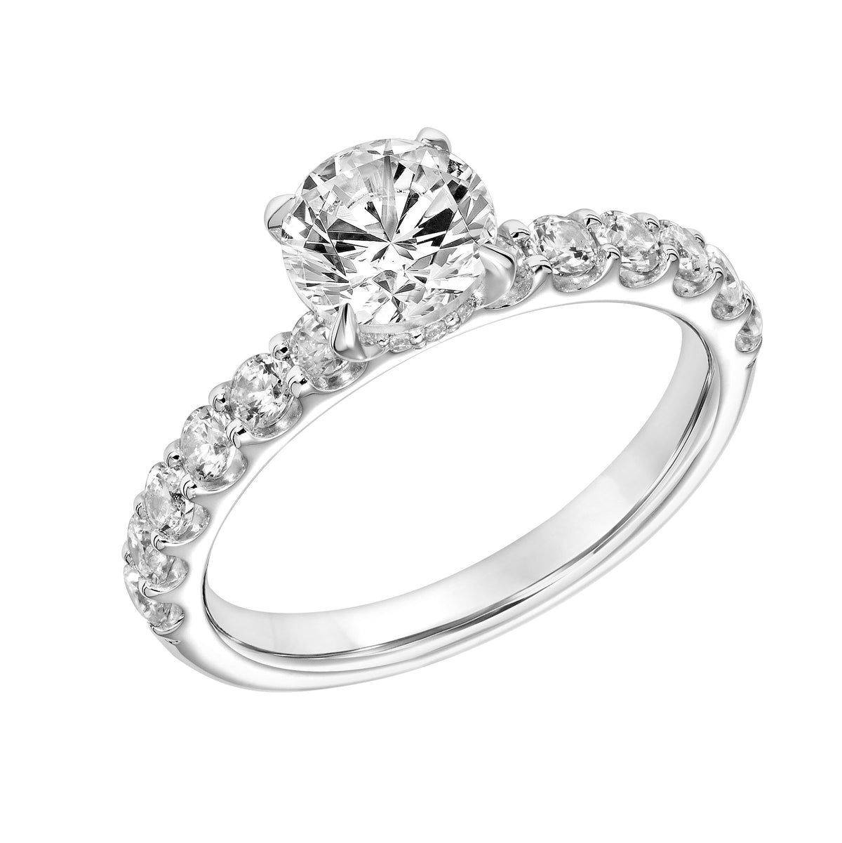 Clasic Engagement Ring with Hidden Diamond Halo and Double Shared Prong Diamond Shank