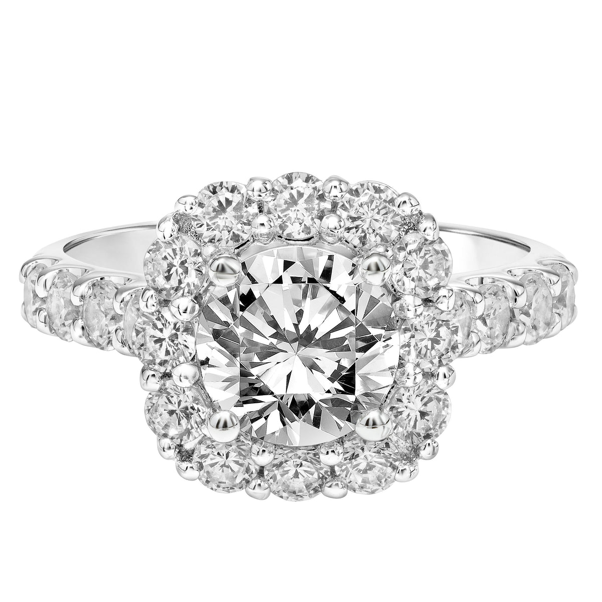 Cushion Shape Diamond Halo Engagement Ring with Diamond Shank