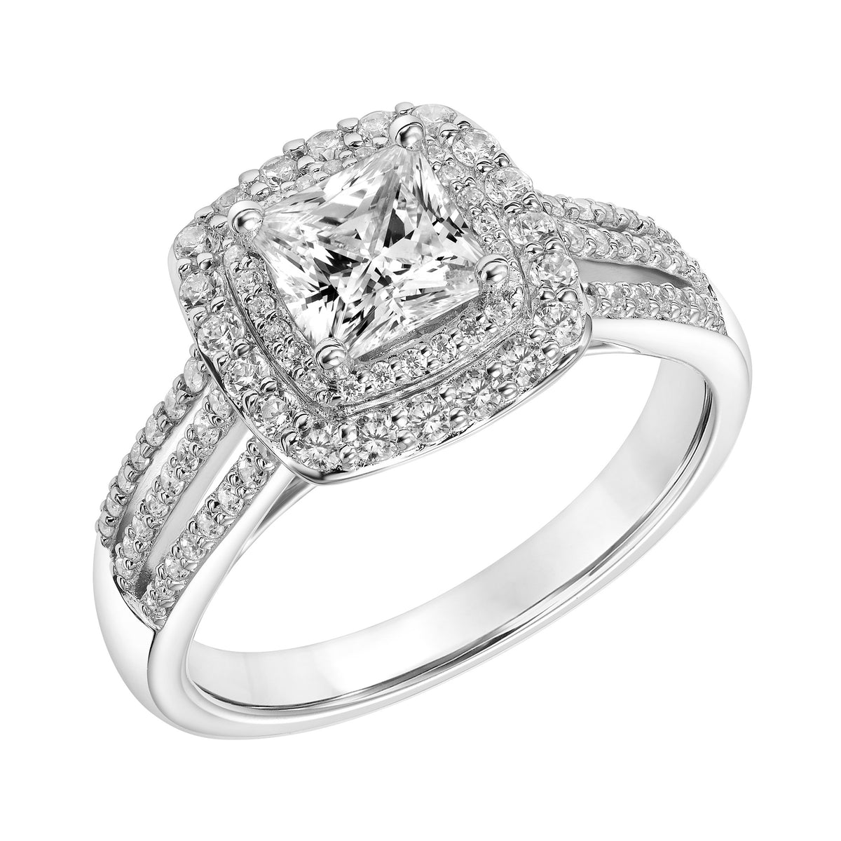 Double Diamond Halo Princess Engagement Ring with Triple Row Diamond Shank