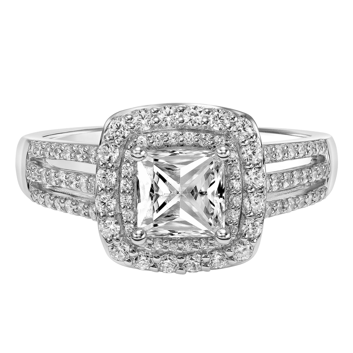 Double Diamond Halo Princess Engagement Ring with Triple Row Diamond Shank