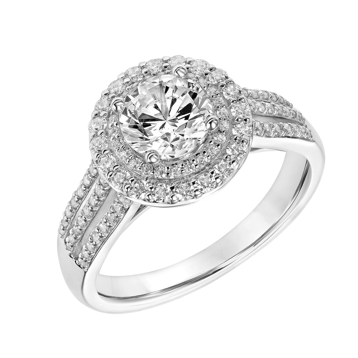 Double Diamond Round Halo Engagement Ring with Triple Row Diamond Shank