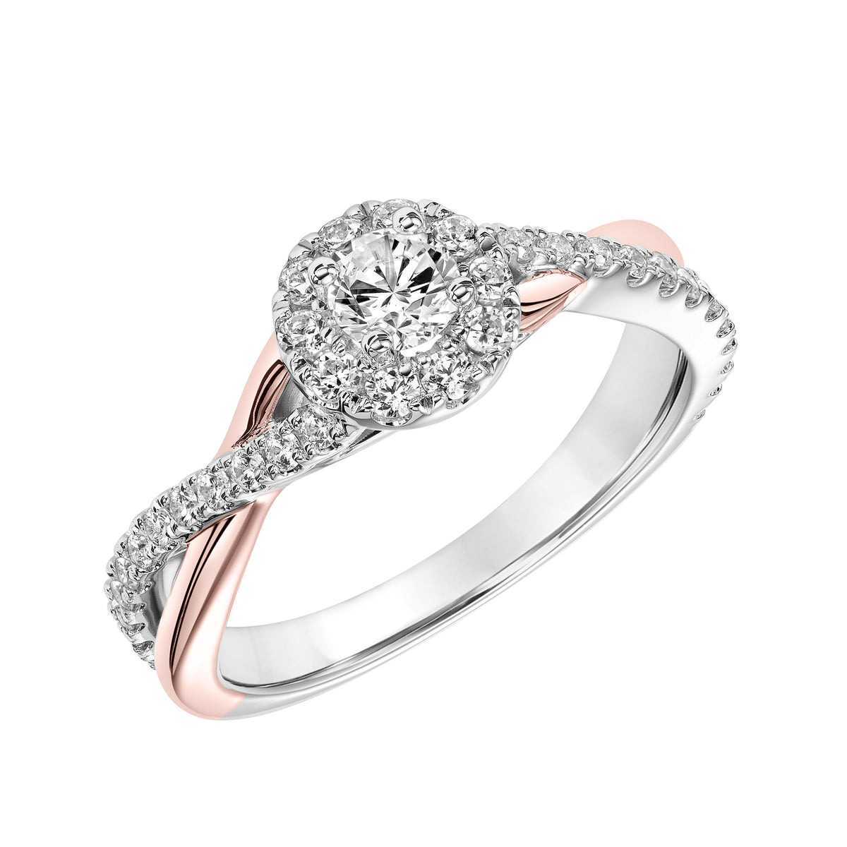 Diamond Halo Engagement Ring with Half Diamond Half Polished Two-Tone Shank