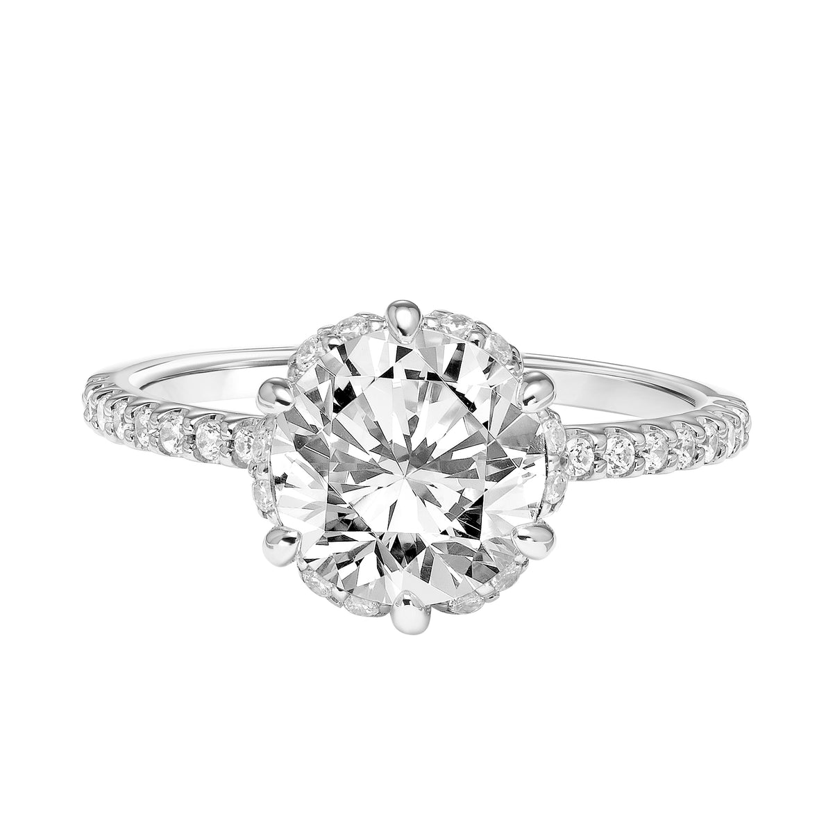 Classic Six Prong Setting Engagement Ring with Hidden Halo and Diamond Shank