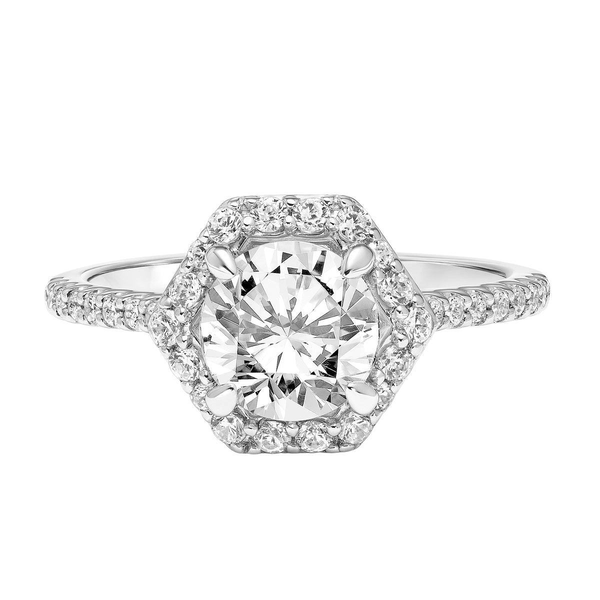 Contemporary Hexagon Halo Diamond Engagement Ring