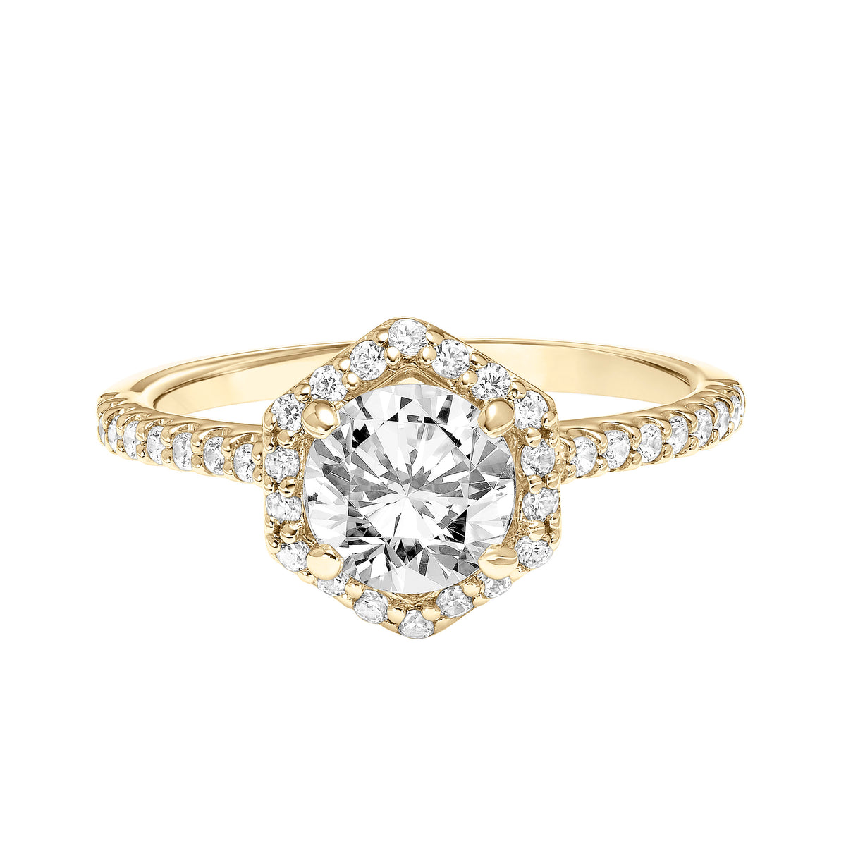 Contemporary Hexagon Halo Diamond Engagement Ring