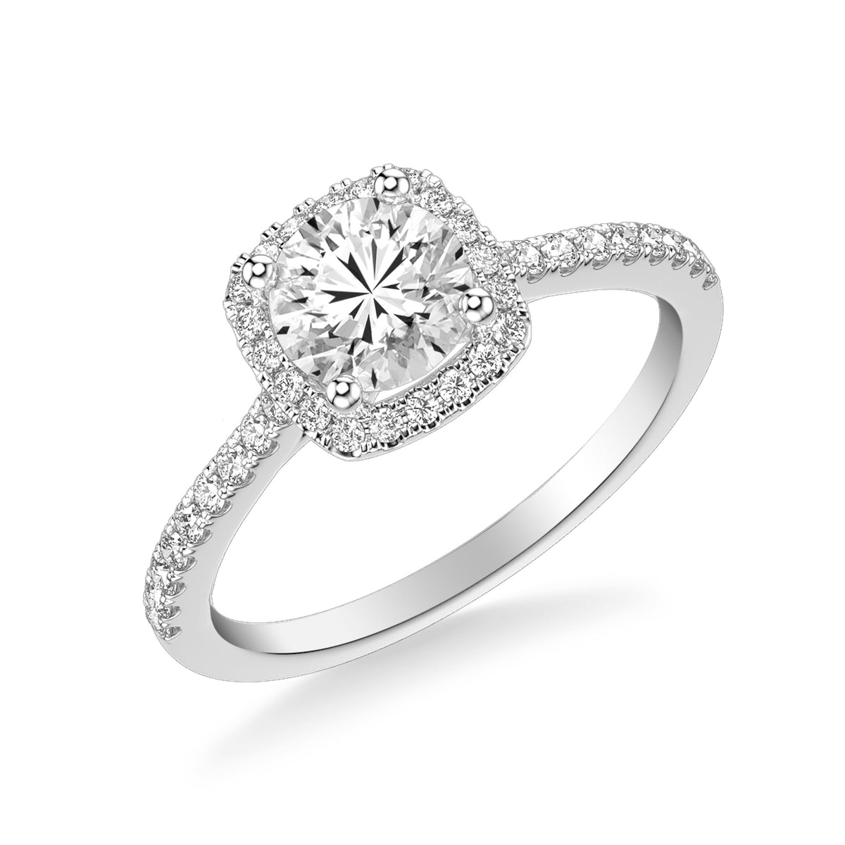 Classic Round Diamond Halo Engagement Ring with Diamond Shank
