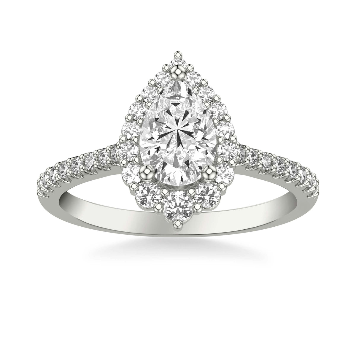 Classic Pear Diamond Halo Engagement Ring with Graduated Diamonds and Diamond Shank