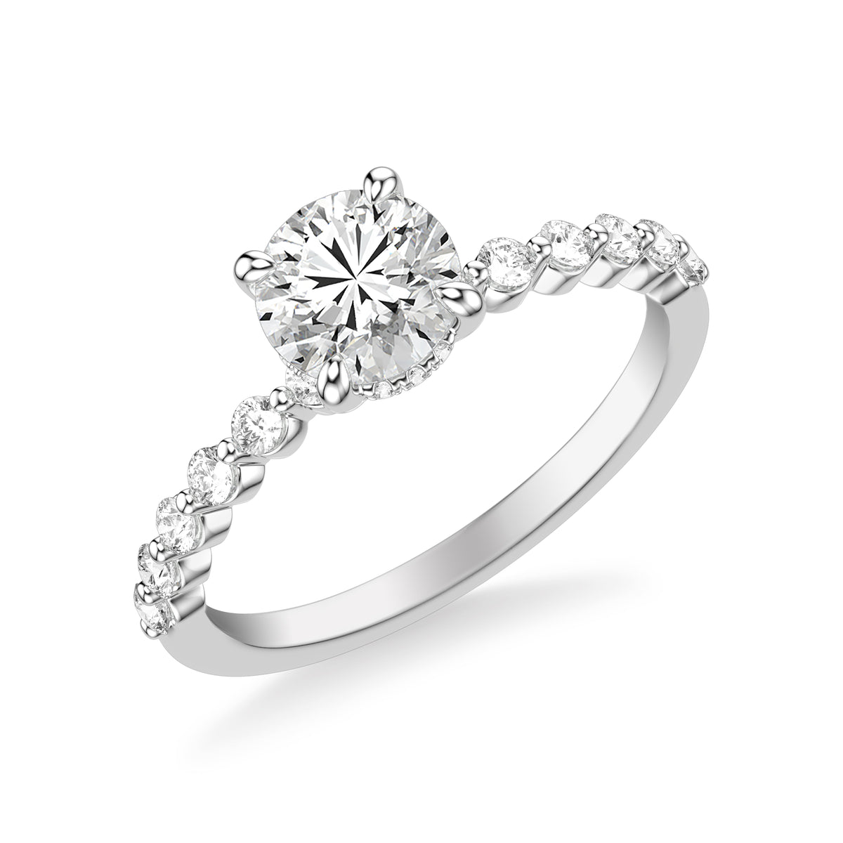 Classic Engagement Ring with Hidden Diamond Halo and Single Shared Prong Diamond Shank