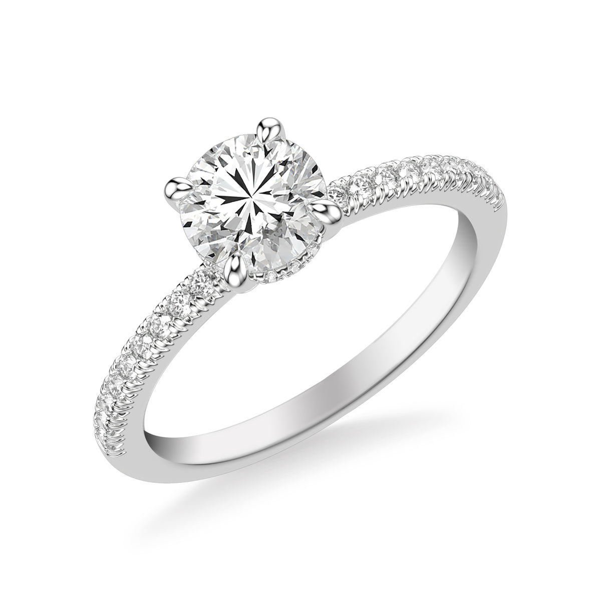 Classic Engagement Ring with Hidden Diamond Halo and Round French Pave Diamond Shank