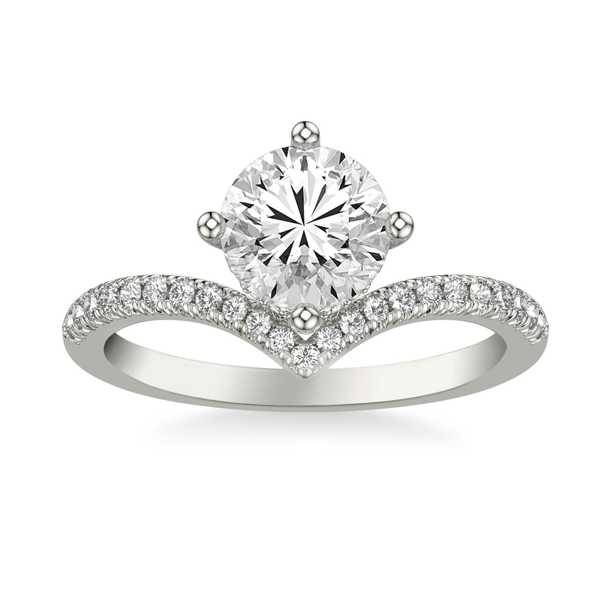 Contemporary Floating Diamond Engagement Ring with V Curved Diamond Shank