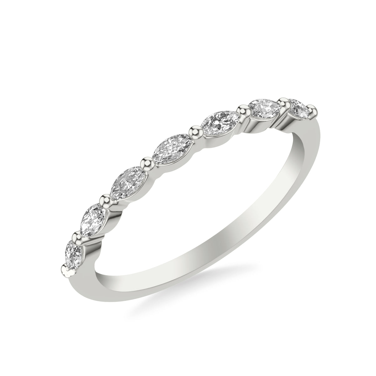 Contemporary Wedding Band with Marquise Diamonds and Shared Prongs