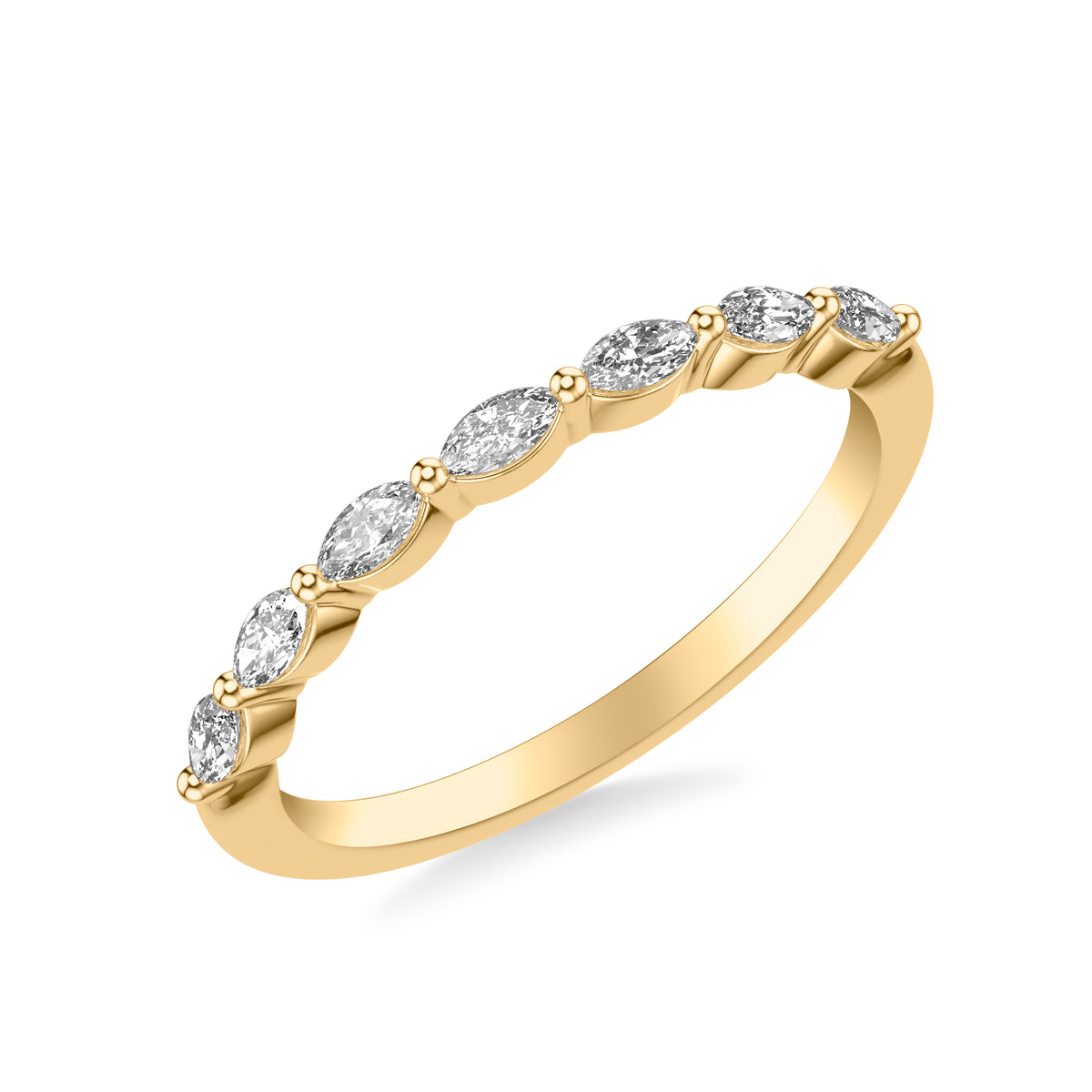 Contemporary Wedding Band with Marquise Diamonds and Shared Prongs