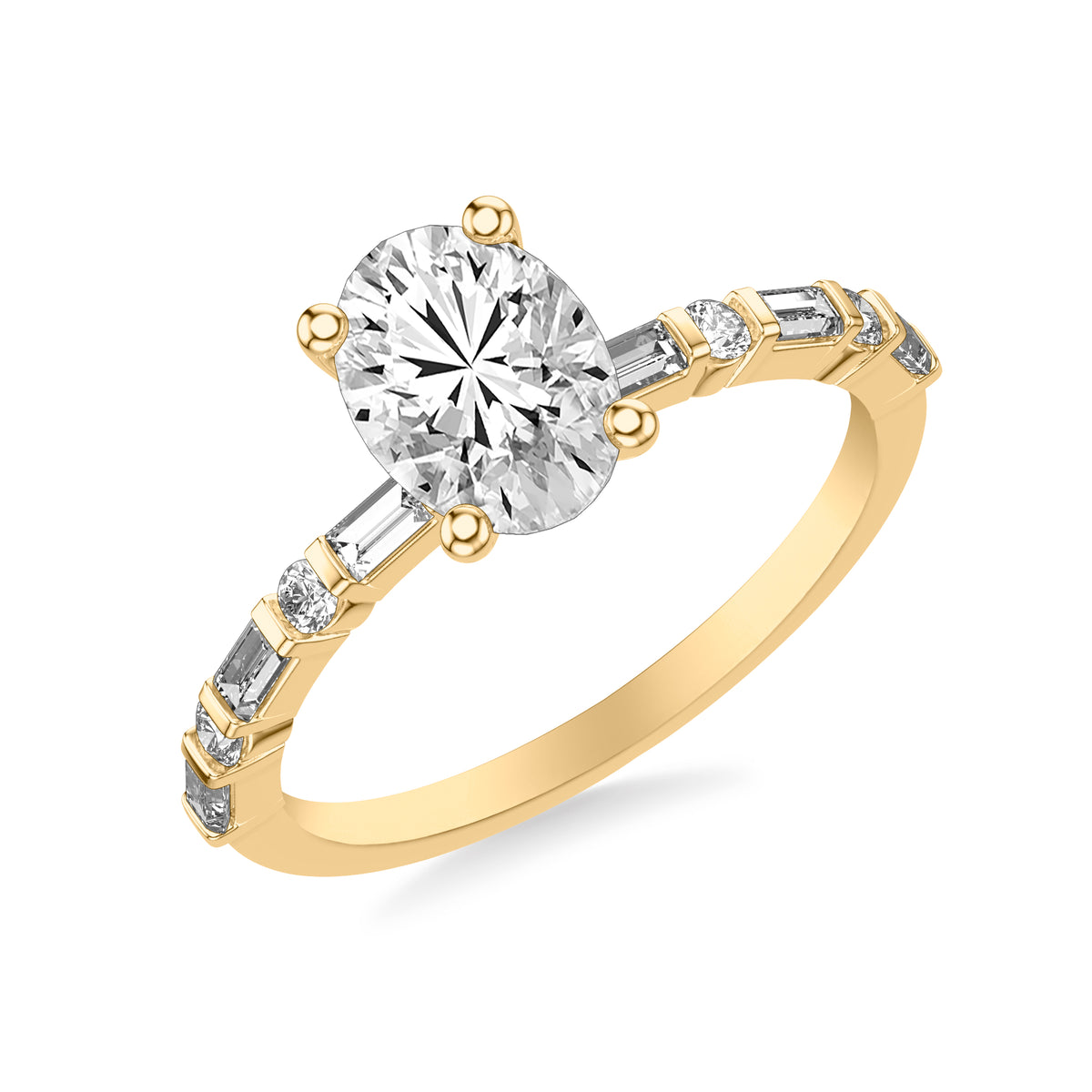 Contemporary Engagement Ring with Alternating Baguette and Round Diamond Shank