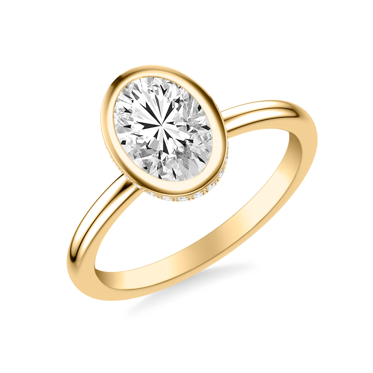 Contemporary Bezel Set Solitaire Engagement Ring with Hidden Halo and Polished Shank