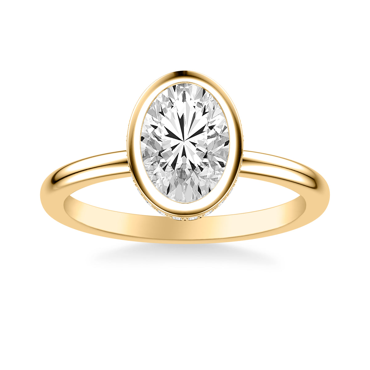 Contemporary Bezel Set Solitaire Engagement Ring with Hidden Halo and Polished Shank