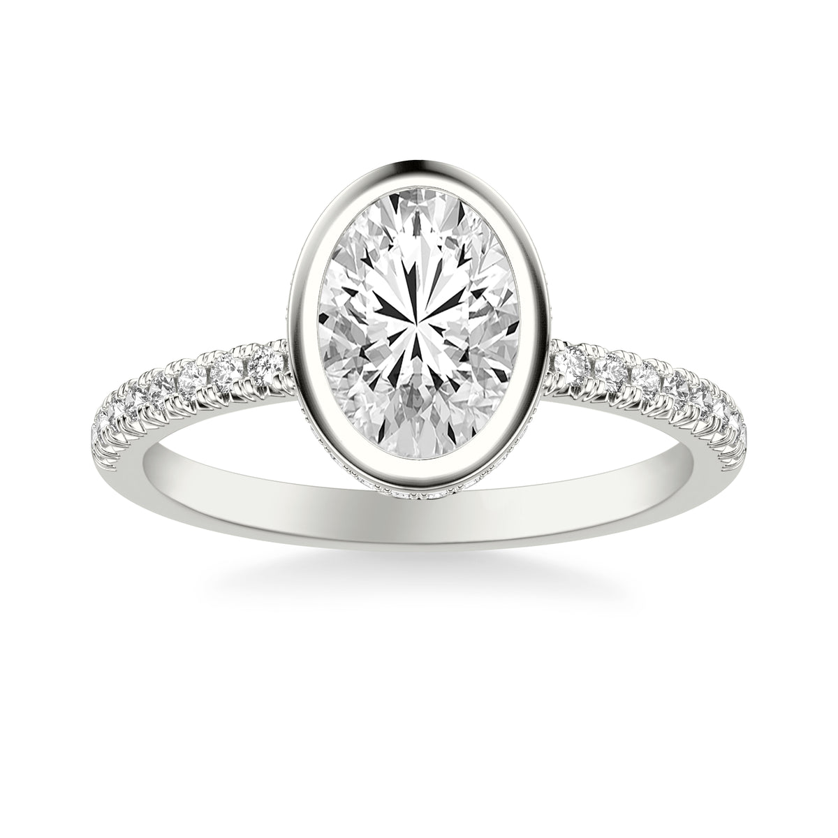 Contemporary Bezel Set Engagement Ring with Hidden Halo and Diamond Shank