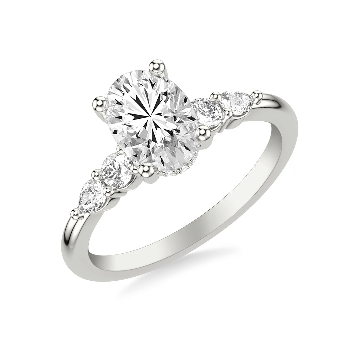 Contemporary Engagement Ring with Round and Pear Diamonds with Shared Prongs