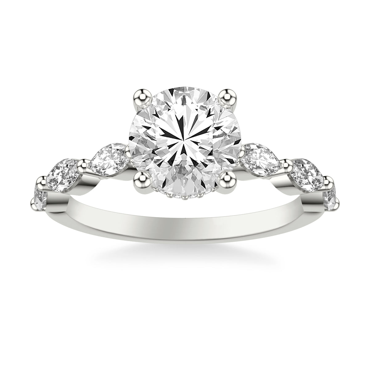 Contemporary Engagement Ring with Marquise Diamonds with Shared Prongs and Hidden Diamond Details