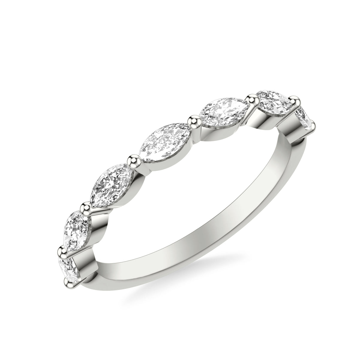 Contemporary Wedding Band with Marquise Diamonds and Shared Prongs