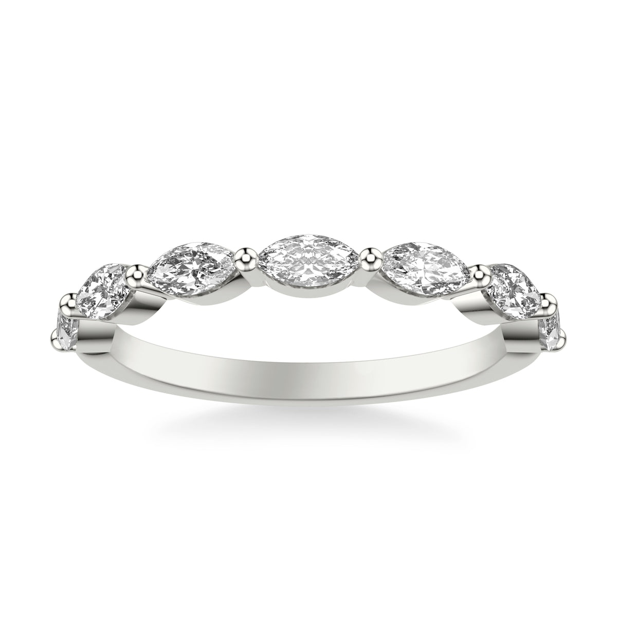 Contemporary Wedding Band with Marquise Diamonds and Shared Prongs