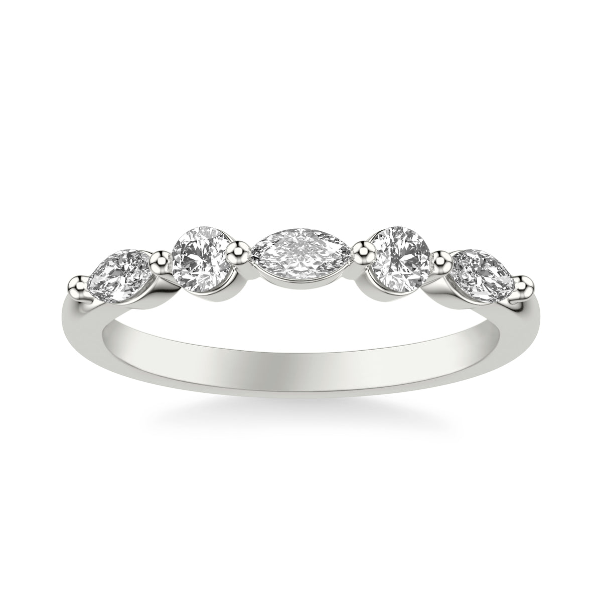 Contemporary Wedding Band with Alternating Marquise and Round Diamonds with Shared Prongs