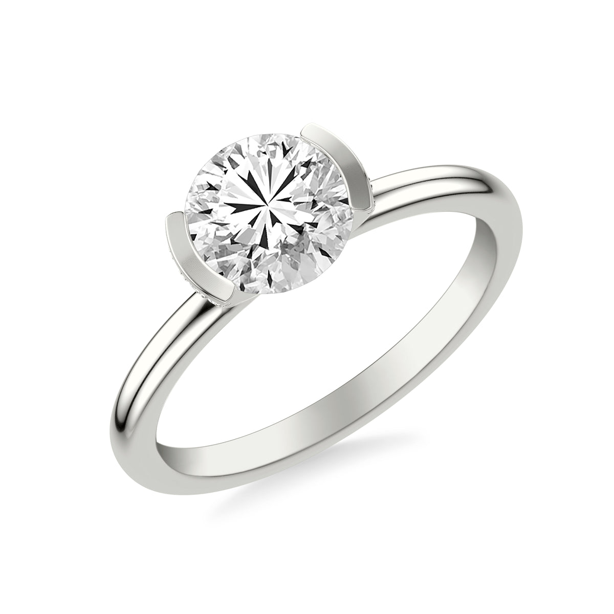 Contemporary Half Bezel Solitaire Diamond Engagement Ring with Polished Shank and Hidden Diamond Details
