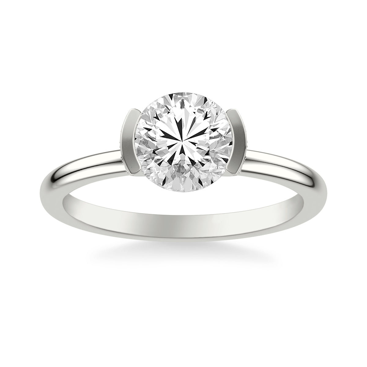 Contemporary Half Bezel Solitaire Diamond Engagement Ring with Polished Shank and Hidden Diamond Details