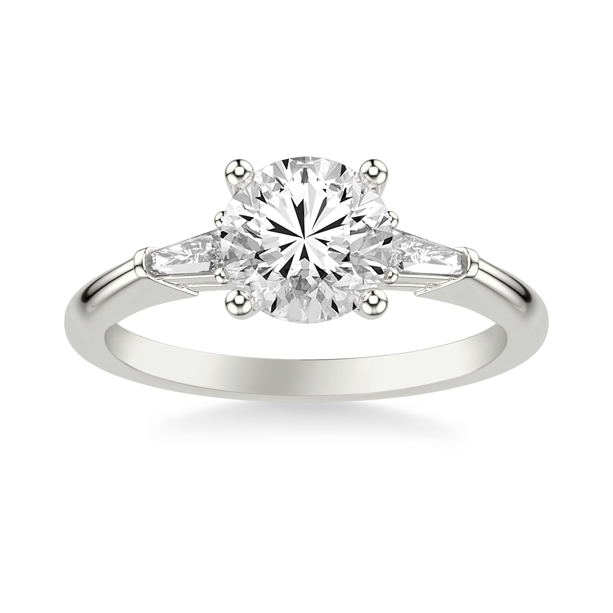 Classic Three Stone Engagement Ring with Tapered Beguette Diamonds and Polished Shank
