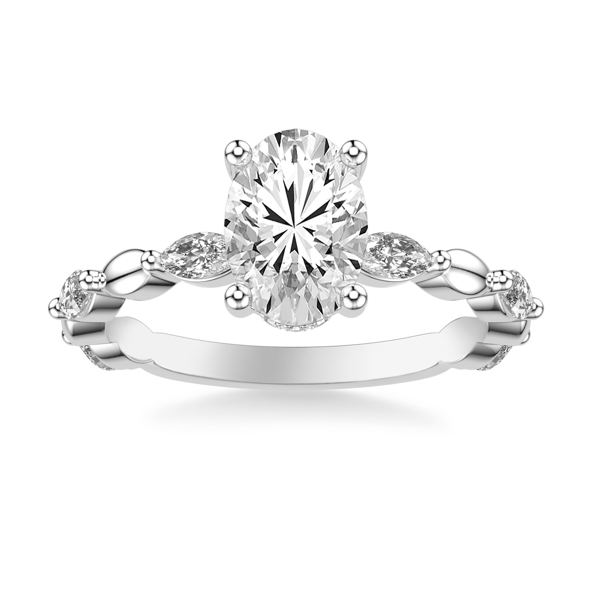 Contemporary Engagement Ring with Hidden Halo and Alternating Marquise Diamond with Organic Marquise Shaped Bead Shank