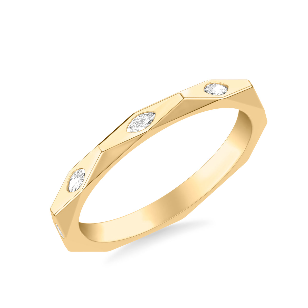Contemporary Wedding Band with Bezel Set Marquise Diamond and Geometric Faceted Band