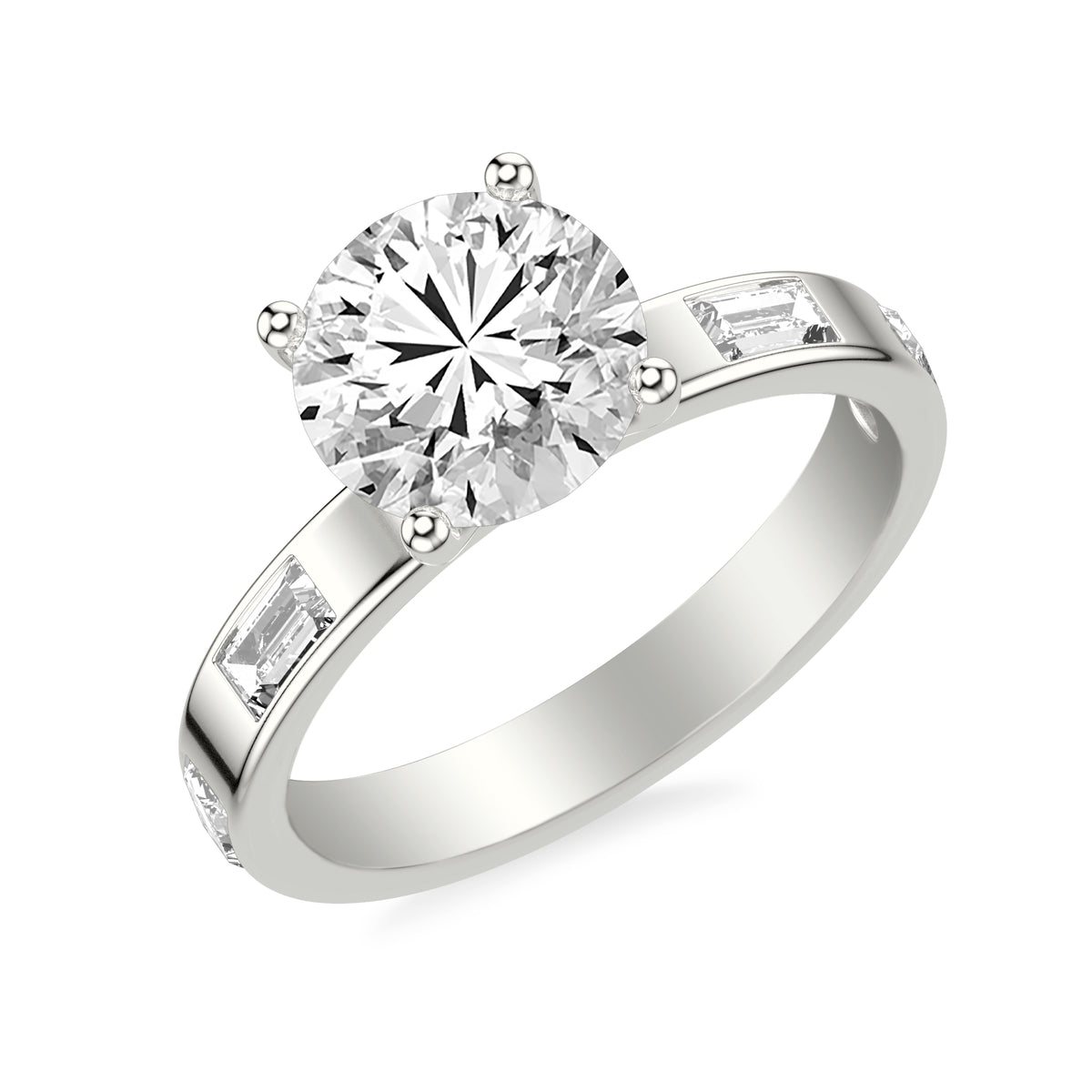 Contemporary Wide Band Engagement Ring with Bezel Set Distance Baguette East/West Diamond Polished Shank